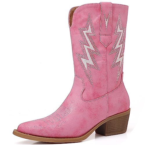 GLOBALWIN Women's Pink Cowboy Boots Western Mid Calf Disco Cowgirl Boots For Women Chunky Low Heel 7.5M