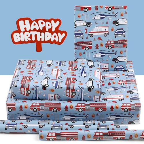 Papel de embrulho de aniversário de transporte, 7 folhas de carro de polícia, ambulância, caminhão d