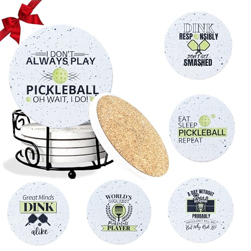 Pickleball Absorbent Ceramic Coasters 6pc - Metal Holder