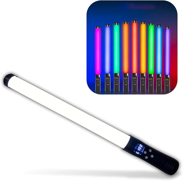 LED Light Stick, Photography Light for Photo Video Shooting, Adjustable Brightness and Warmth 3200K-5500K LED Display and 9 Colours, Studio Lighting LED Wand, RGB Mode, Rechargeable Battery.