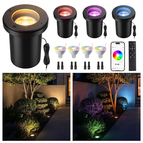 Varmtalys Smart 12V Low Voltage Landscape Lighting for Pathway Outdoor RGBCW In-Ground Well Lights App & Remote Control Replaceable Bulb IP65 Waterproof Transformer and Wire Not Included 4 Pack