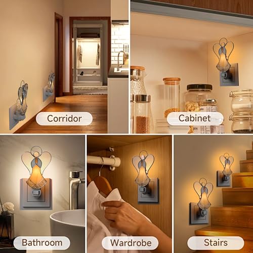 Image of Stained Glass Guardian Angel Night Lights Plug in,Yellow Color | Silver Chrome Stained Glass Night Lights Plug into Wall,Nightlights for Bedroom Kitchen,Gifts for Mom Birthday Christmas