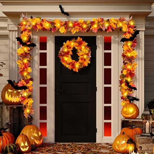 Image of Fall Maple Leaf Garland with Yellow Lights, 2PCS Thanksgiving Artificial Hanging Fall Leave Vines with 20 LED, Yellow Floral Garlands Halloween Autumn Decor for Home Wedding Party (11.8FT)