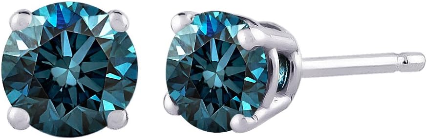 Blue - I1 Round Brilliant Cut Diamond Earring Studs in 14K Gold - Image 2