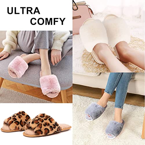 Women's Fuzzy Fur Slippers Soft Comfy Open Toe Slide Slippers Cozy Memory Foam Fluffy House Slippers #TOP5