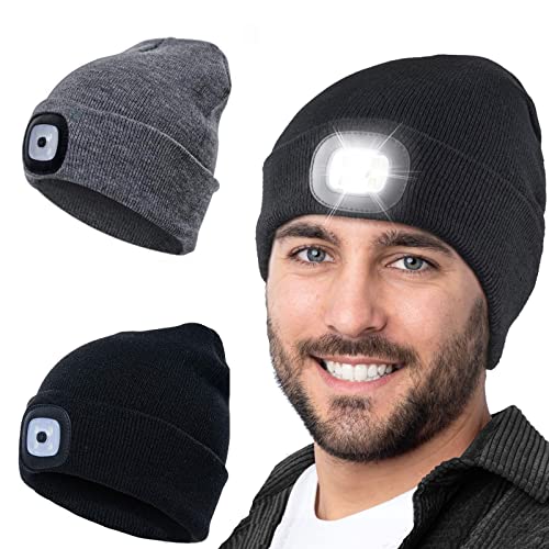 Tutuko Unisex 2 Pack LED Beanie with Light, USB Rechargeable caps Winter Headlamp Beanie Cap Gifts for Men Women Dad