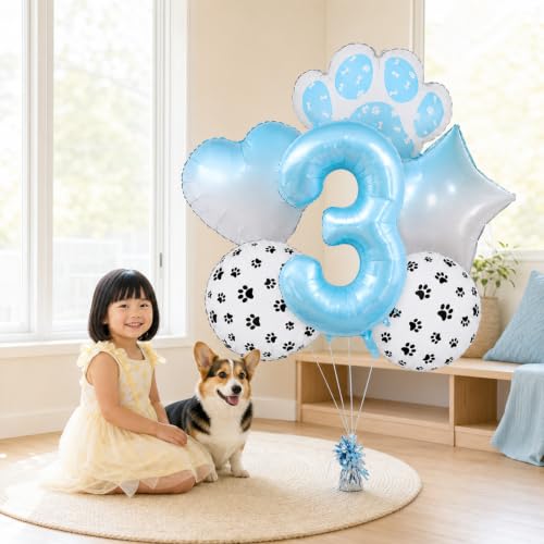 Image of Dog and Cat 3rd Birthday Paw Print Foil Mylar Balloons Pet Decorations Set | 40IN Blue Number 3 Helium balloons Heart Star Round Paw Balloon for Pet Theme or Children 3rd Birthday Party Supplies 6PCS