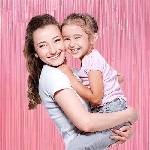 Image of 4 Pack Macaron Pink Foil Fringe Curtains, 13.2x6.6ft Streamers Backdrop for Girls Princess Birthday, Easter, Bachelorette, Bridal Shower, Wedding, Baby Shower| Pastel Pink Streamers Party Decorations
