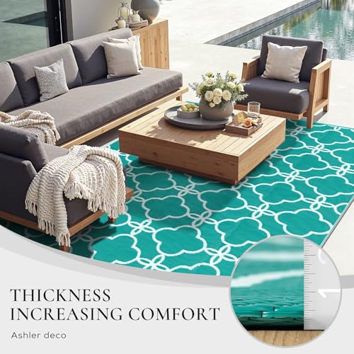 Ashler Outdoor Rug, Outdoor Plastic Straw Rug, 5x8 Reversible Teal Blue Patio Mat, Flower Modern Design for RV, Backyard, Deck, Camping, Picnic, Spring, Durable & Weather-Resistant Large Area Rug - Image 5