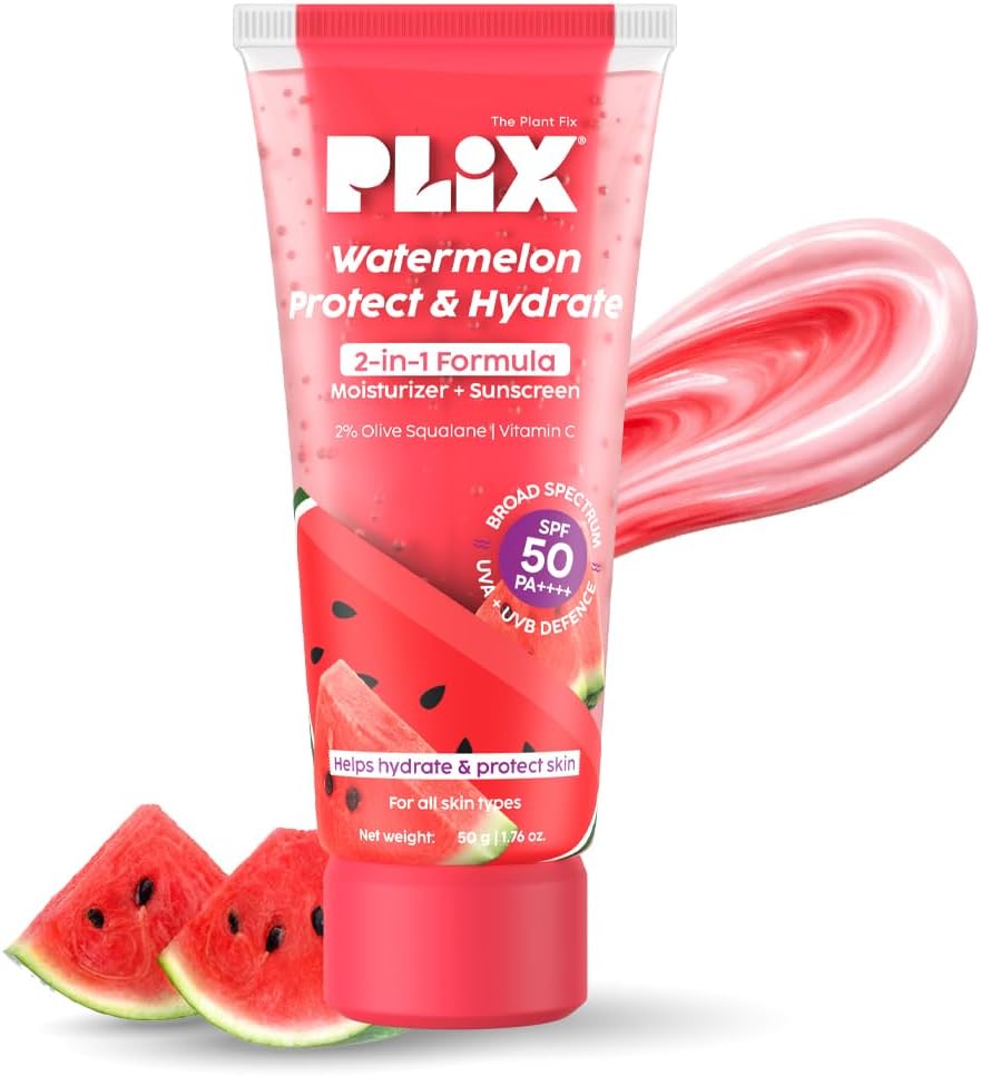 PLIX - THE PLANT FIX Watermelon Protect & Hydrate 2 in 1 formula Moisturizer + Sunscreen | Lightweight Hydration | With SPF PA 50 ++++ | UVA & UVB protection | No White Cast | 50 gm