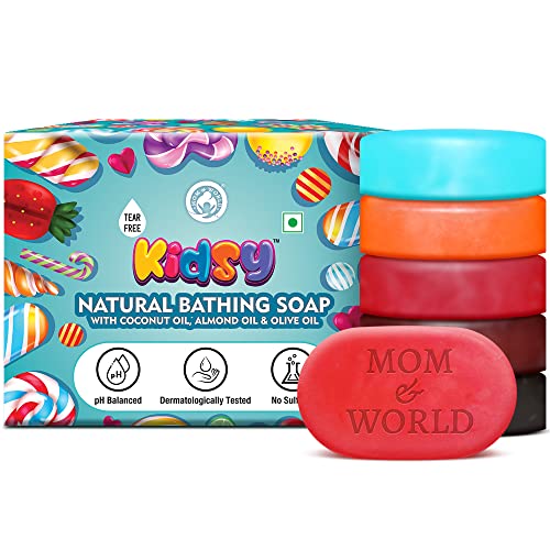 Mom & World Kidsy 5 In 1 Natural Bathing Soap for Kids (Bath Soap) Tear Free - Gummies, Fruit Candy, Candy Floss, Marshmallow, Kola Candy - 75g Each x 5 | With Coconut, Almond & Olive Oil Mom & World Kidsy 5 In 1 Natural Bathing Soap for Kids (Bath Soap) Tear Free - Gummies, Fruit Candy, Candy Floss, Marshmallow, Kola Candy - 75g Each x 5 | With Coconut, Almond & Olive Oil