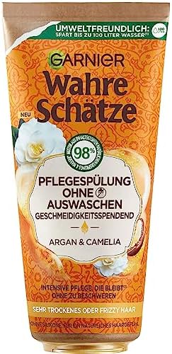 Garnier Odżywka pielęgnacyjna bez spłukiwania przeciwko suchym włosom, z arganem i kamelią dla większego połysku i gładkości, prawdziwe skarby, 1 x 200 ml