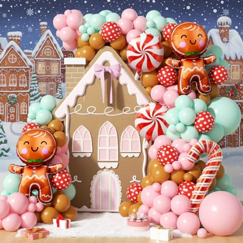 Image of 160Pcs Christmas Balloon Arch Garland Kit Xmas Pastel Pink Green Brown Latex Balloons Gingerbread Man Candy Cane Foil Balloons Arch Kit for Christmas New Year Party Birthday Party Decorations
