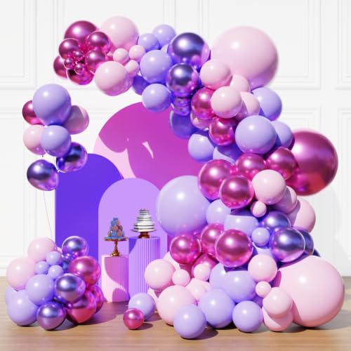 Image of Pink and Purple Balloons Garland Arch Kit, Metallic Pink and Purple Latex Balloons for Girl Women Birthday Bridal Baby Shower Party Decoration