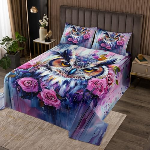 Owl Pattern Lightweight Quilt Set for Kids Teens,Pink Rose Bedspread Coverlet,Watercolor Graffiti Bed Cover Owl queen quilt Decorative Quilted 2 Piece Coverlet Set with 1 Pillow Sham,Twin Size