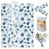 LaVenty 50PCS Blaues Blumen Seidenpapier Blaues Blumen Geschenkpapier Blumenverpackung mit Muster für Babyparty Geburtstag Hochzeit Brautparty Partydekoration