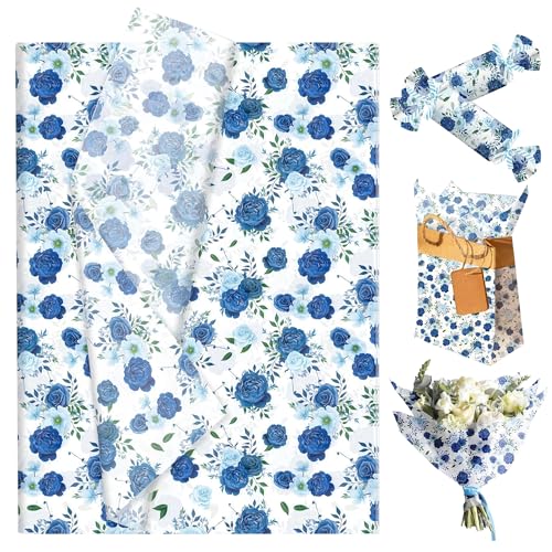 LaVenty 50PCS Blaues Blumen Seidenpapier Blaues Blumen Geschenkpapier Blumenverpackung mit Muster für Babyparty Geburtstag Hochzeit Brautparty Partydekoration