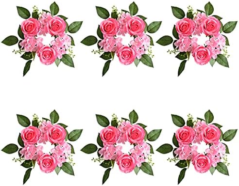 MEUMITY 6 PCS Artificial Rose Flower Candle Wreaths,8 Inch Candle Rings Rose Wreaths Fake Rose Candle Wreath Delicate Candle Wreath for Home Wedding Decor(Dark Pink,Without Candlestick)