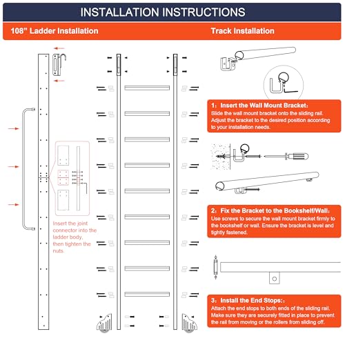 HARDJULAN 108" Telescopic Sliding Library Ladder with Handrail – Lightweight Aluminum Rolling Ladder with Braking Wheels, 4FT Hook Ladder Track Kit for Home, Loft, and Bookshelves by HARDJULAN - Image 5