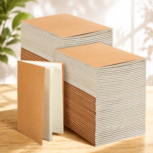Image of Mimorou 100 Pcs A5 Journals Notebooks Bulk,Brown,Lined | Kraft Softcover Small Notebooks 5.5 Inch x 8.3 Inch Notepads with 60 Page 30 Sheet for Writing Sketch Travel Office Supplies