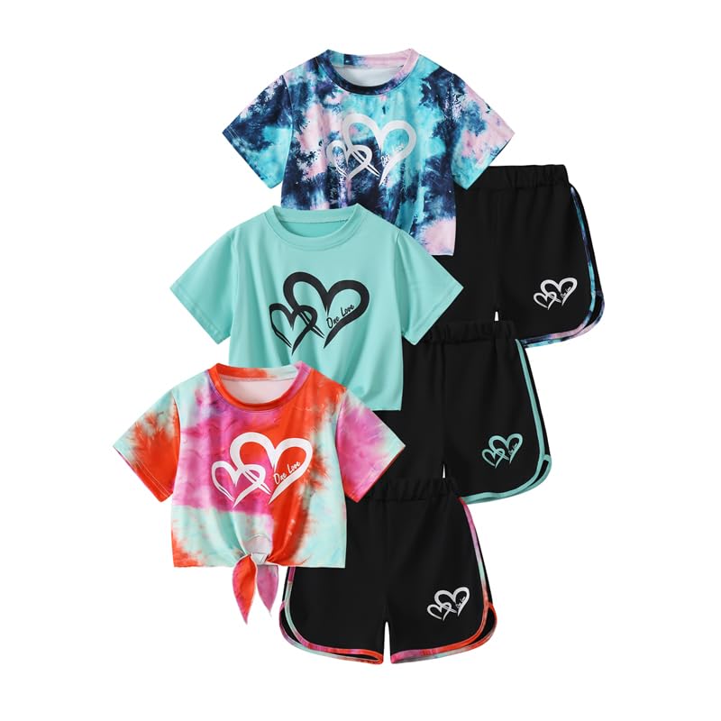 Image of Girls 6 Pieces Summer Outfits Casual Short Sleeve Tee Tops and Dolphin Shorts Set 4-12Y