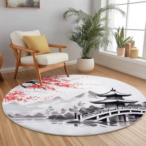 Round Area Rugs Living Room 120 Cm Japanese Style Pavilion Flowers Red - Soft Crystal Velvet Carpet Mat For Bedroom Circle Area Rug Non Slip Washable Floor Rug Non Shedding Floor Carpets