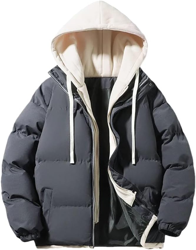 Men Casual Cotton Long Sleeve Jacket Fake Two Warm Hooded Solid Color Jacket
