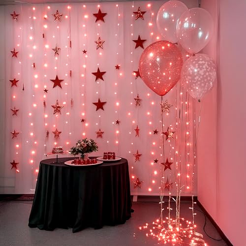 Image of Party Propz Red Curtain Lights for Decoration - 1 Pc, 9.8ft, USB Operated, 8 Modes, Remote Controlled Led Lights for Home Decorations, Anniversary Decoration Items for Room, Weddin Decoration Light