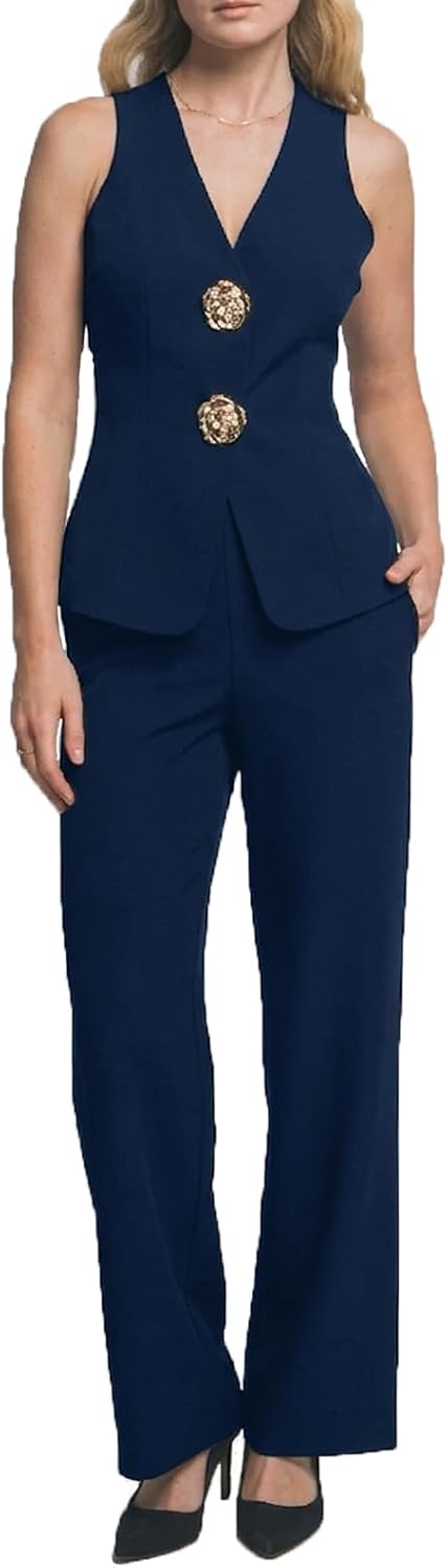 Women 2 Piece Pantsuit Dressy Business Casual Outfits Sleeveless Vest Wide Leg Pants Work Office Set