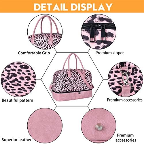 Women Travel Duffle Bag Carry On Tote Weekender Overnight Bag with PU Leather Shoulder Strap and Shoe Compartment Pink Leopard 20 Inch 7 Women Travel Duffle Bag Carry On Tote Weekender Overnight Bag with PU Leather Shoulder Strap and Shoe Compartment Pink Leopard 20 Inch