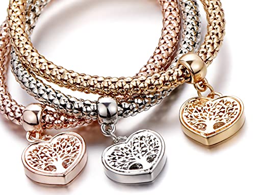 SILANER Crystal Charms Multilayer Bracelets - 3PCS Gold/Silver/Rose Gold Corn Chain Bracelet for Women, Tree of Life Heart Shaped Stretch Bracelet(TREE OF LIFE HEART EDITION CHARM) - Image 6