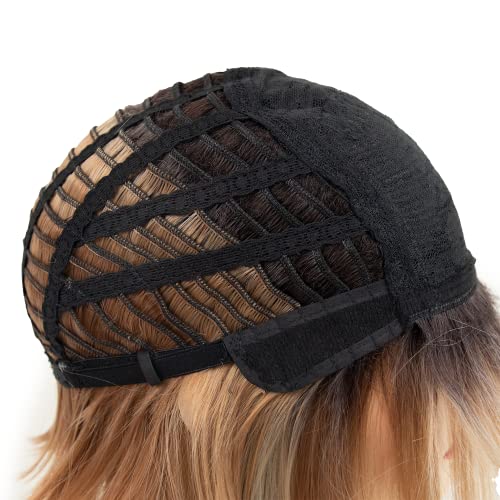 Renershow Blonde Highlight Short Pixie Bob Wig With Bangs Straight Ombre Blonde Synthetic Wig With Dark Roots Layered Blonde Wigs For Women #TOP6