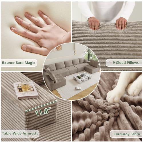 Image of Oversized Modular Sectional Sofa Couch, Large 7 Seater Corner Sofa Modern U Shaped Sectional Couch Cloud Couches for Living Room, Office, Spacious Space, Corduroy, No Assembly Required, Camel