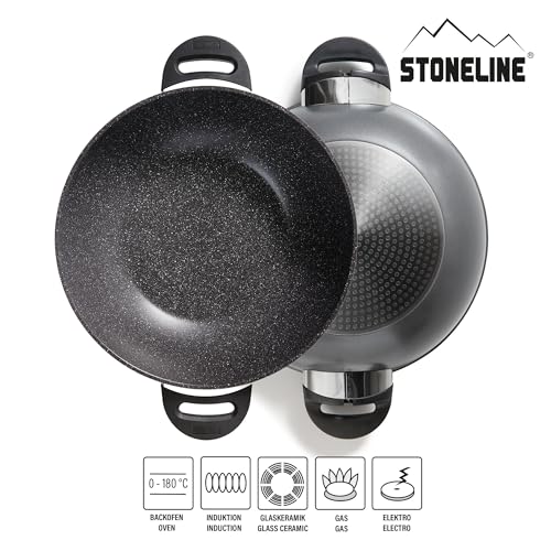 Foto von STONELINE Wok 32 cm, mit Deckel, Aluguss, Wok Pfanne beschichtet mit echten Steinpartikeln, grau, ohne Fett oder Öl kochen und braten, großer Wok Induktion