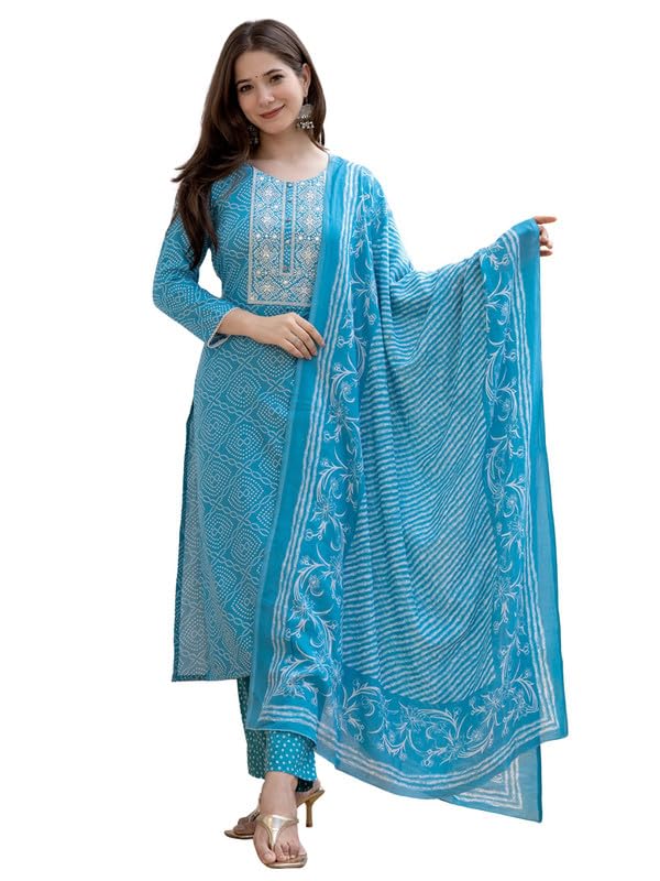 Women's Viscose Rayon Bandhani Straight Embroidered Kurta Pant With Dupatta-image-17