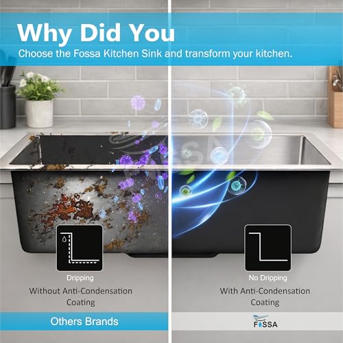 Image of Fossa Aqua 24 inchx18 inchx09 inch Inch Single Bowl Handmade Kitchen Sink 25-Year Warranty AISI 304 Stainless Steel, 2.2mm Thickness, Includes Colander, Coupling & Waste Pipe Set Silver (Matte finish)
