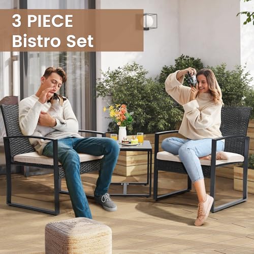 Murago 3 Piece Wicker Patio Bistro Set, Rattan Conversation Set with Coffee Table, for Balcony, Porch, Garden, Yard, Poolside, Black Frame with Beige Cushion