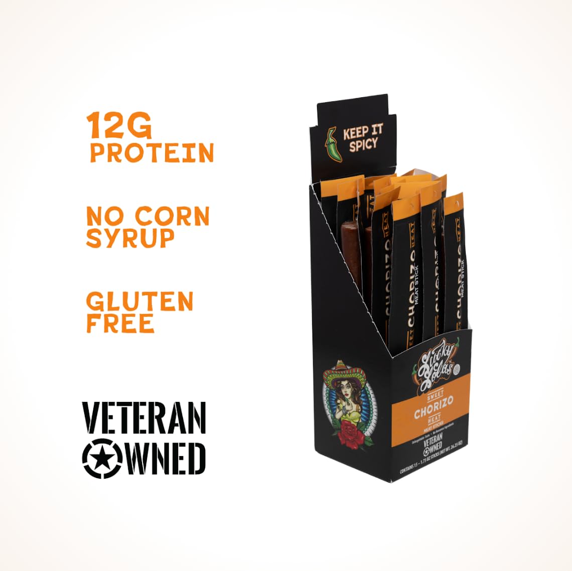 Lucky Lola’s | Sweet Chorizo Heat Meat Sticks - 15 Pack | 12g Protein, Pork & Beef | On-the-Go, Low-Carb Diet, High Protein Snack, Post-Workout | Gluten Free, Dairy Free, No Corn Syrup, No Artificial Flavors, No Artificial Colors, No Artificial Preservatives