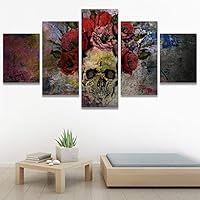 SIGNWIN 5 Panel Canvas Wall Art Human Skull with Roses Flowers Abstract Plants Illustrations Impressionism Modern Panoramic Relax/Calm Multicolor for Living Room, Bedroom, Office - 60