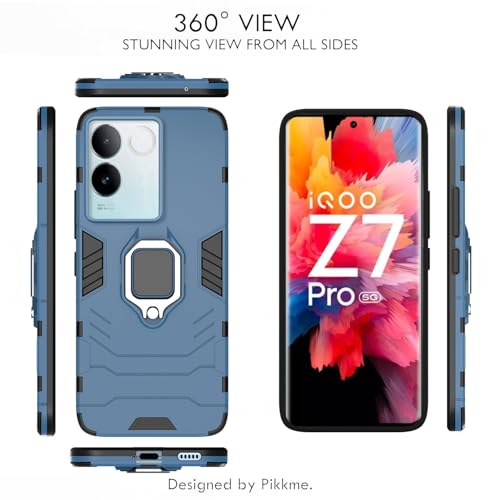 Image of Pikkme Back Cover for iQOO Z7 Pro 5G | 360 Protection | Ring Holder | Kickstand | Tough Armor Case (Blue)
