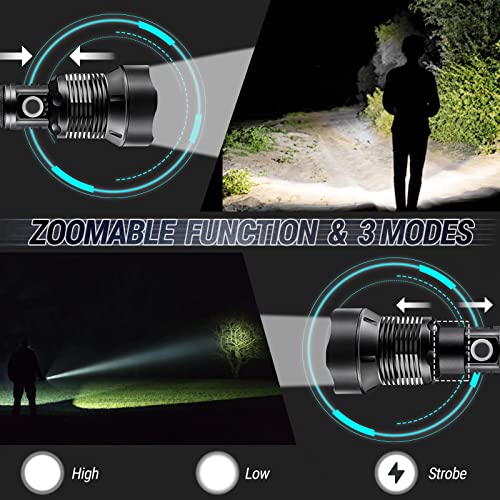 Super Bright Rechargeable LED Flashlights, 90000 Lumens XHP70.2 Tactical Flashlight, 10000mAh Parallel Battery, Zoomable&IPX5 Waterproof