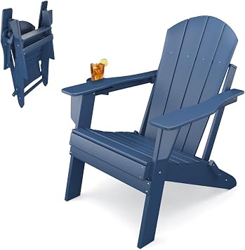Adirondack Folding Chair for Garden, Patio or Deck - Arm Rests and Cup Holder - Lightweight, Weatherproof - Stylish, Durable Outdoor Furniture for Fire Pit, Beach, Poolside, Porch Navy