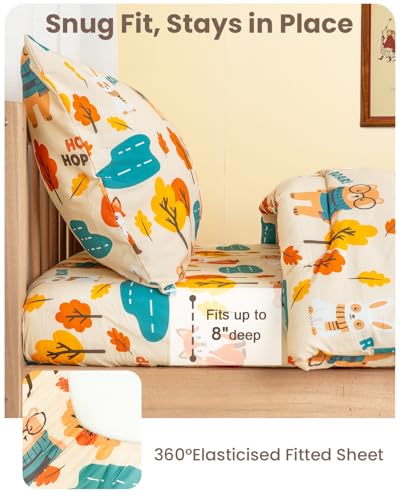 Image of 4-Piece Toddler Bedding Set, Toddler Bed Comforter Set for Boys & Girls | Includes Comforter, Fitted Sheet, Flat Sheet & Pillowcase, Woodlands Animals