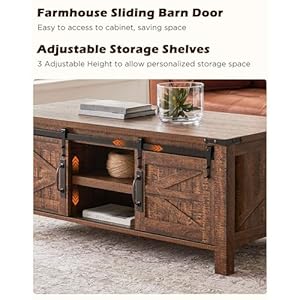 OKD 48 Farmhouse Lift Top Coffee Table with Sliding Barn DoorRustic Center Table with Hidden Storage CompartmentLifting Tabletop and Adjustable Shelf for Living RoomOfficeReclaimed Barnwood