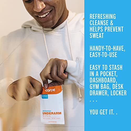 Carpe Antiperspirant Underarm Wipes For Sweat Blocking, Deodorizing, And Cleansing When You’re On The Move - 15 Residue Free, Individually Wrapped Wipes - Clean And Refreshing Scent #TOP3