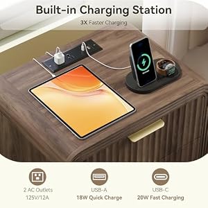 Decofy Fluted 3-Drawer Nightstand Set of 2 with Charging Station, Walnut — photo 4 of 6