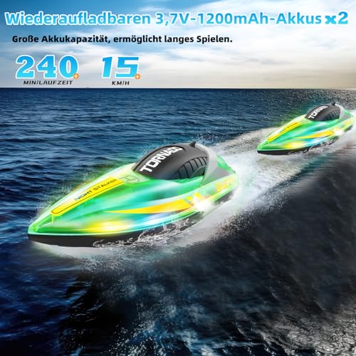 Ferngesteuertes Boot ab 6 8 Jahre, 2,4 GHz RC Boot Ferngesteuert für Kinder mit LED-Licht, 15 KM/H Speedboot Motorboot Spielzeug für Pool Kinder