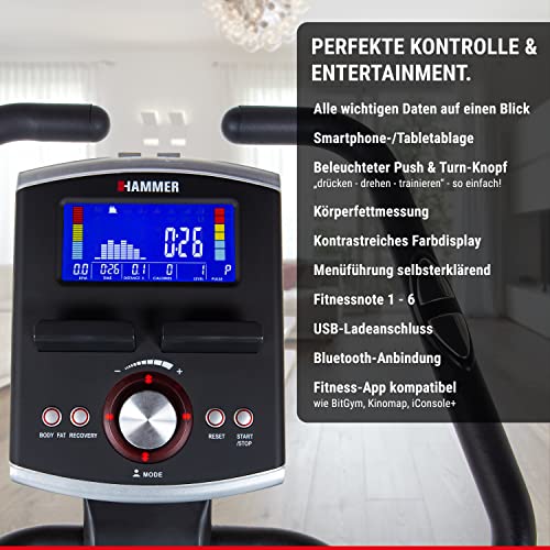 Foto von HAMMER Ergometer Cardio Motion BT, leises Fitnessfahrrad mit tiefem Einstieg und Comfort-Sattel, geeignet als Heimtrainer für Senioren, Bluetooth und App-Steuerung, Tablethalterung, 110 x 52 x 140 cm