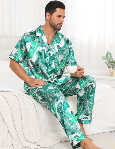 Image of SWOMOG Mens Satin Pajama Set Short Sleeve Classic Sleepwear Button Down Silky Loungewear with Long Pants