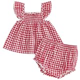 Mubineo Baby Girl Summer Clothes Cute Ruffle Tops Dress Shorts Outfits Set Infant Toddler Shirt Bloomers Princess Outfit (Plaid Red, 3-6 Months)